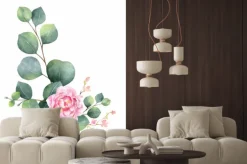 Naklejka: Watercolor vector wreath with green eucalyptus leaves, peony