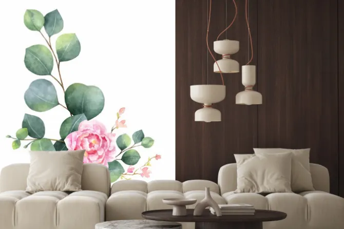 Naklejka: Watercolor vector wreath with green eucalyptus leaves, peony