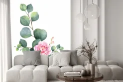 Naklejka: Watercolor vector wreath with green eucalyptus leaves, peony