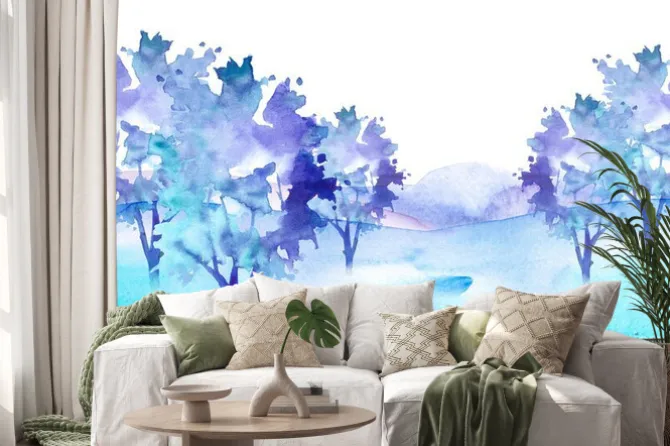 Naklejka: Watercolor winter forest, silhouette of trees, bushes. field.