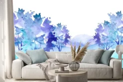 Naklejka: Watercolor winter forest, silhouette of trees, bushes. field.