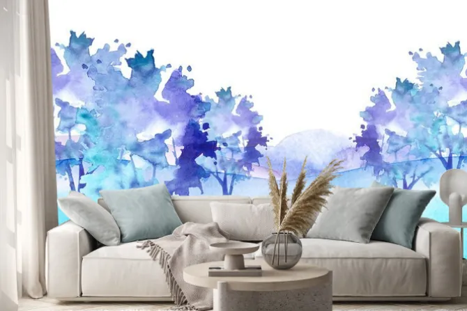 Naklejka: Watercolor winter forest, silhouette of trees, bushes. field.