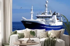 Naklejka: Wędkarstwo p1 statków, statków rybackich trwa do portu wyładunku