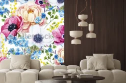 Naklejka: Wektor, akwarela, mimoza, niezapominajka, piwonia, zawilec, wzór,