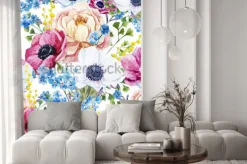 Naklejka: Wektor, akwarela, mimoza, niezapominajka, piwonia, zawilec, wzór,