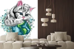 Naklejka: Wektor kot ekologiczny świat z kotowatej planety i śniegiem,