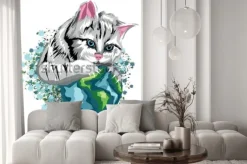 Naklejka: Wektor kot ekologiczny świat z kotowatej planety i śniegiem,