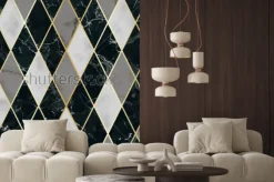 Naklejka: Wektor marmurowy wzór z złote geometryczne ukośne linie. biały,