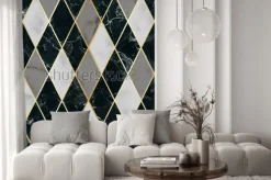 Naklejka: Wektor marmurowy wzór z złote geometryczne ukośne linie. biały,