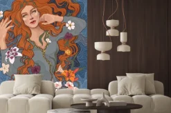 Naklejka: Wektor piękna rudowłosa dziewczyna w staromodny strój, fale rzeki,