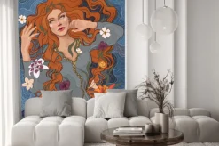 Naklejka: Wektor piękna rudowłosa dziewczyna w staromodny strój, fale rzeki,