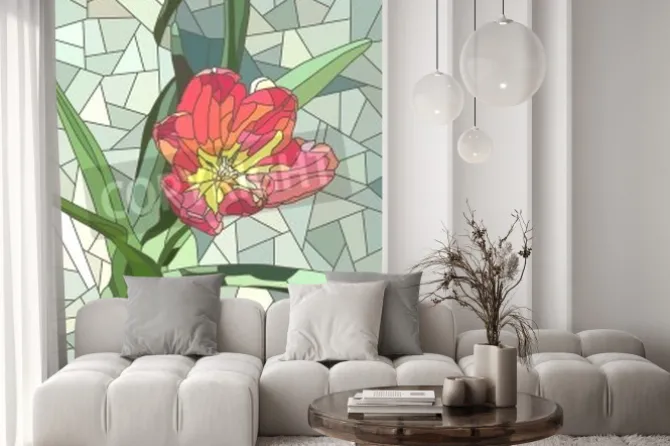 Naklejka: Wektor pionowe mozaikę z dużych komórek czerwonych kwiatów tulipanów