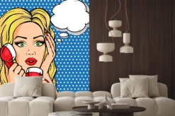 Naklejka: Wektor zszokowana kobieta na telefon z bańki myśli, ilustracji