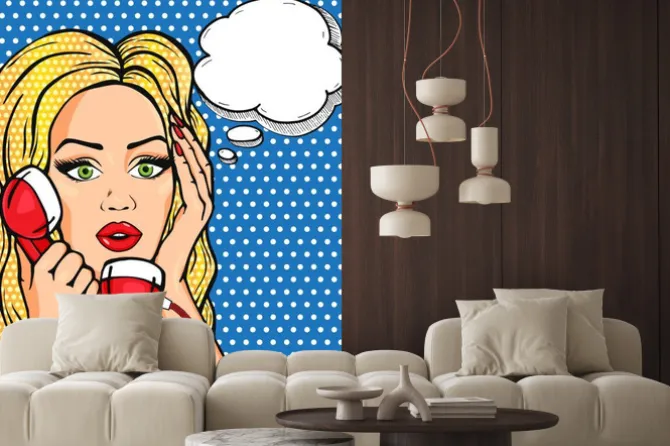 Naklejka: Wektor zszokowana kobieta na telefon z bańki myśli, ilustracji