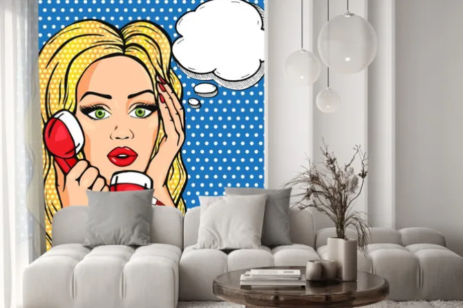 Naklejka: Wektor zszokowana kobieta na telefon z bańki myśli, ilustracji