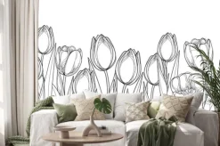 Naklejka: Wektorowa horyzontalna granica z konturów tulipanowymi kwiatami,