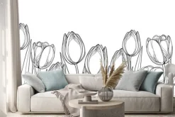 Naklejka: Wektorowa horyzontalna granica z konturów tulipanowymi kwiatami,