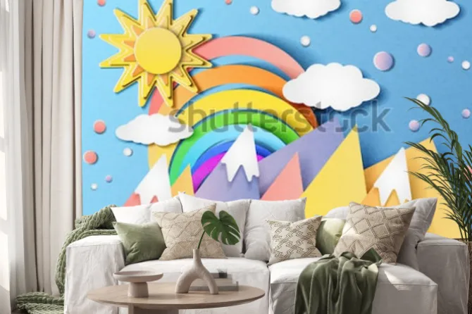 Naklejka: Wektorowa ilustracja piękny krajobraz z słońcem, tęczą, chmurami