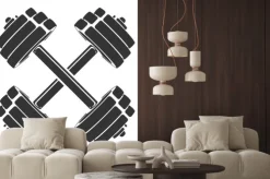 Naklejka: Wektorowa ręka rysująca sylwetka krzyżujący dumbbells odizolowywający