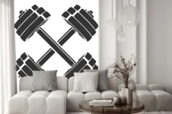 Naklejka: Wektorowa ręka rysująca sylwetka krzyżujący dumbbells odizolowywający