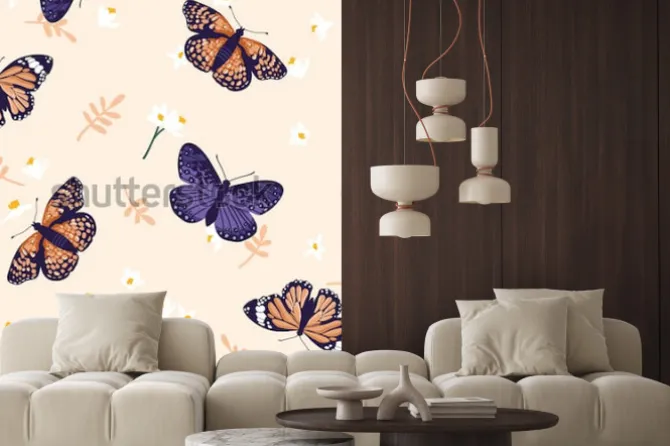 Naklejka: Wektorowy bezszwowy wzór z jaskrawymi motylami. ręcznie rysowane