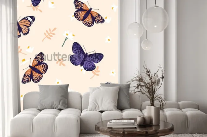 Naklejka: Wektorowy bezszwowy wzór z jaskrawymi motylami. ręcznie rysowane