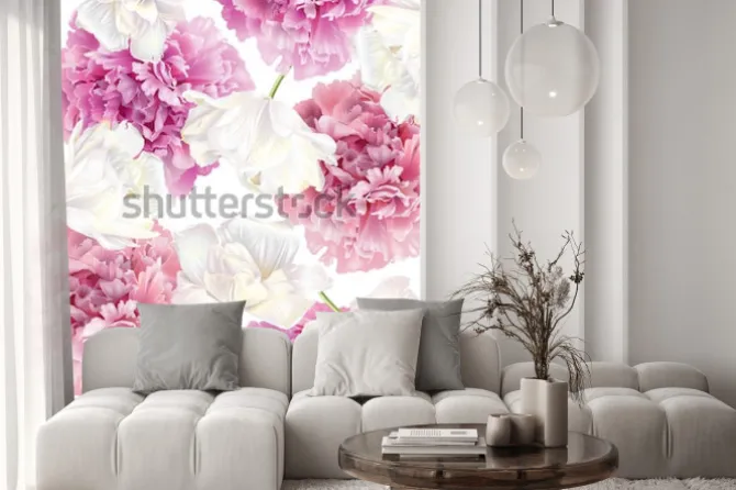 Naklejka: Wektorowy bezszwowy wzór z różową peonią i białym tulipanem kwitnie