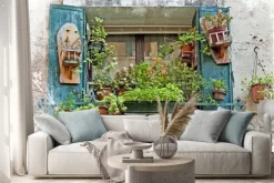 Naklejka: Wenecja, stare małe okienka z roślinami