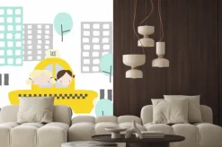 Naklejka: Wesołe dziewczyny w taksówce do miasta. grafika dla dzieci. wektorowa