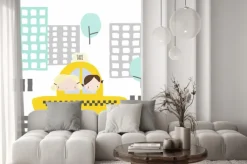 Naklejka: Wesołe dziewczyny w taksówce do miasta. grafika dla dzieci. wektorowa