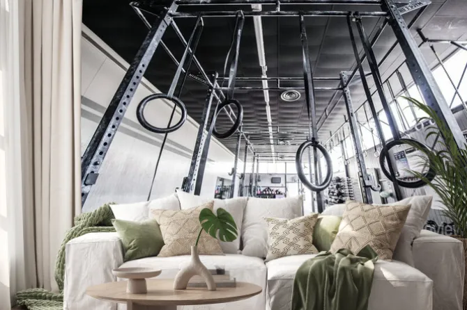 Naklejka: Widok crossfit siłowni ze słońcem