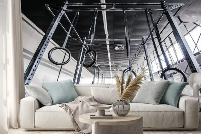 Naklejka: Widok crossfit siłowni ze słońcem