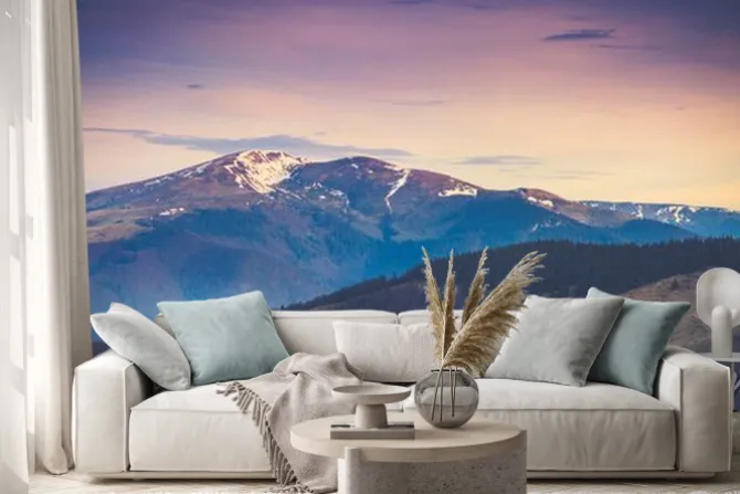 Naklejka: Widok górskiego krajobrazu ze śniegiem