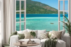 Naklejka: Widok na turkusową wodę i zielone wzgórze