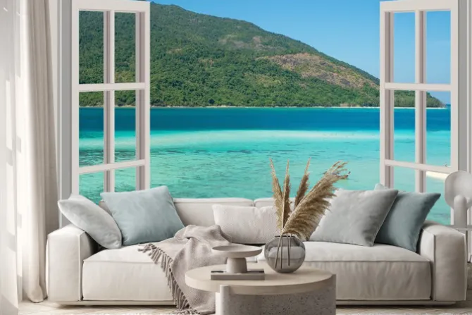 Naklejka: Widok na turkusową wodę i zielone wzgórze