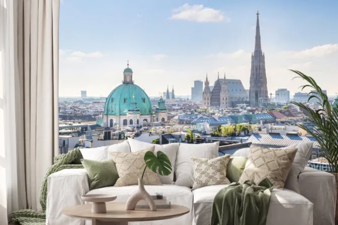 Naklejka: Widok na wiedeń skyline z katedry świętego szczepana w rano,