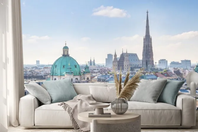 Naklejka: Widok na wiedeń skyline z katedry świętego szczepana w rano,
