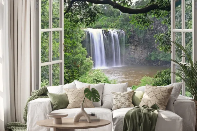 Naklejka: Widok na wodospad dangar w otwartym oknie