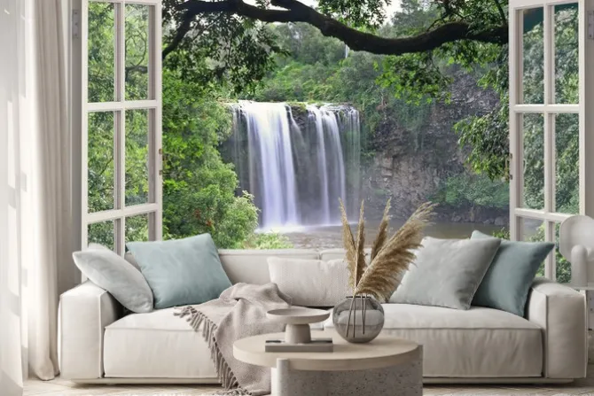 Naklejka: Widok na wodospad dangar w otwartym oknie