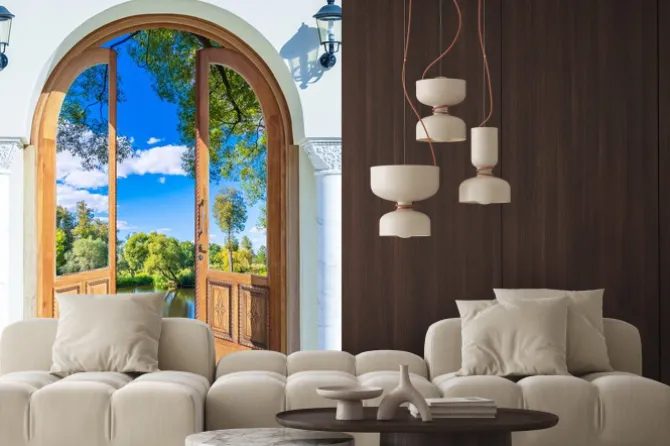 Naklejka: Widok przez drzwi zabytkowego domu na staw i drzewa