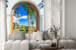 Naklejka: Widok przez drzwi zabytkowego domu na staw i drzewa