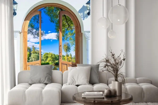 Naklejka: Widok przez drzwi zabytkowego domu na staw i drzewa