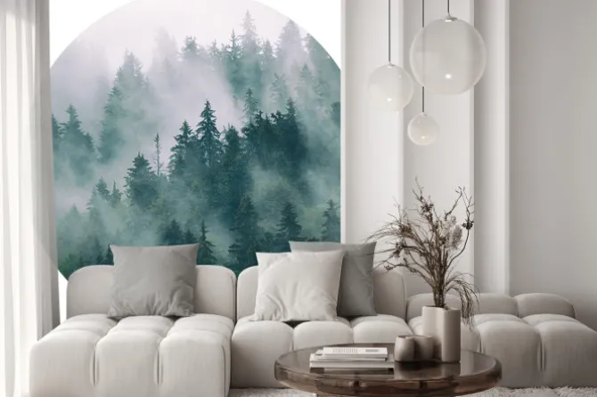 Naklejka: Widok w okręgu na zamglony las