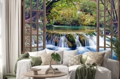 Naklejka: Widok z drewnianego okna na wodospad