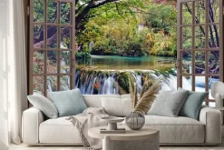 Naklejka: Widok z drewnianego okna na wodospad