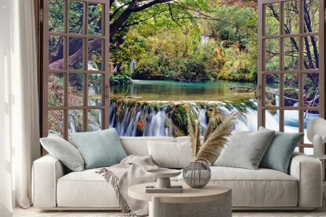 Naklejka: Widok z drewnianego okna na wodospad