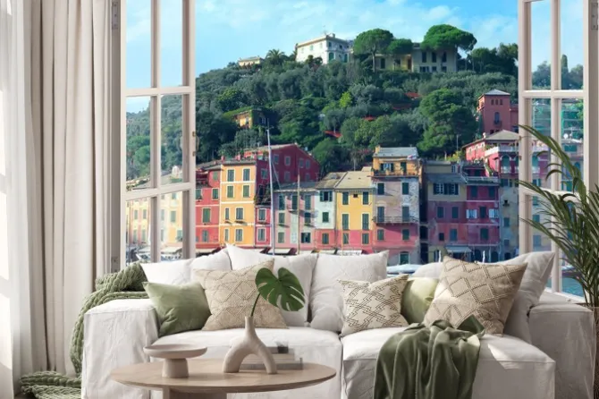 Naklejka: Widok z okna na włoskie kamieniczki portofino