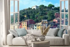 Naklejka: Widok z okna na włoskie kamieniczki portofino