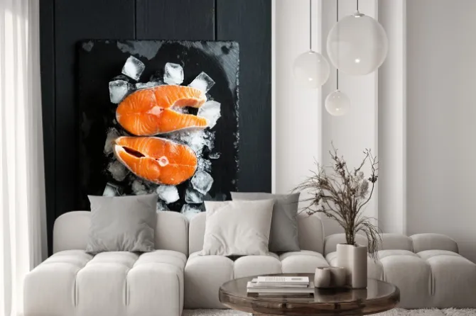 Naklejka: Świeże kawałki łososia na lodzie