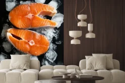 Naklejka: Świeże kawałki łososia na lodzie